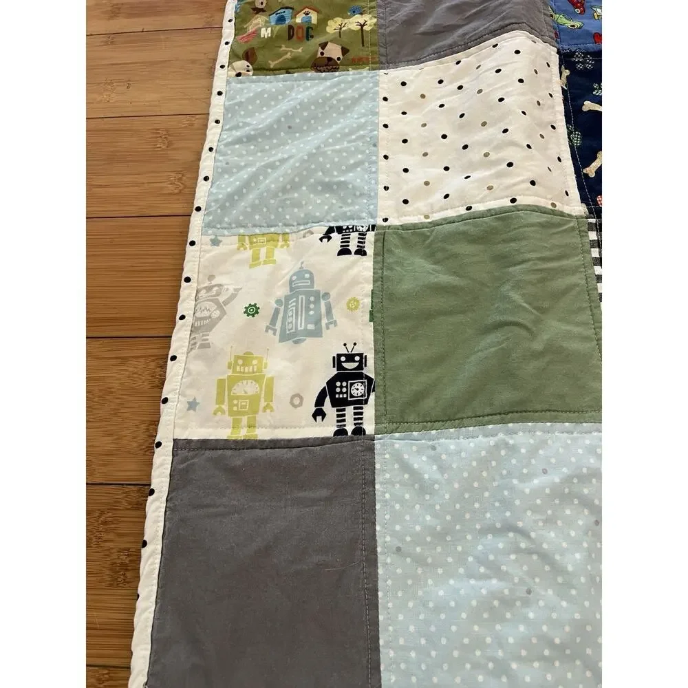 Handmade Unisex Cotton Quilted Blanket Blue Graham Dog Robots Cars Very Soft Kid